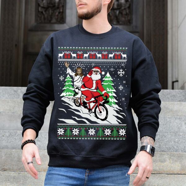 jesus and santa on a bike sweater