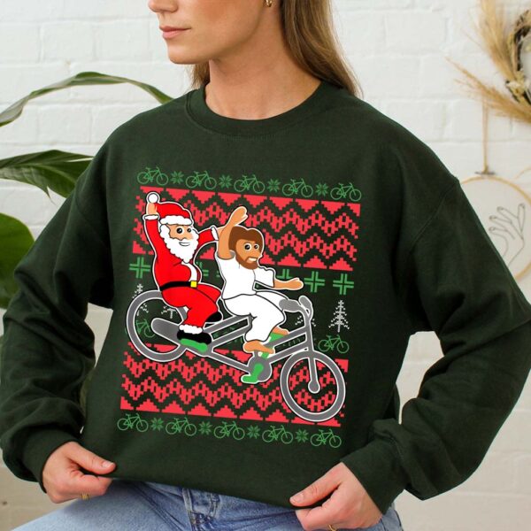 jesus and santa on bike sweater
