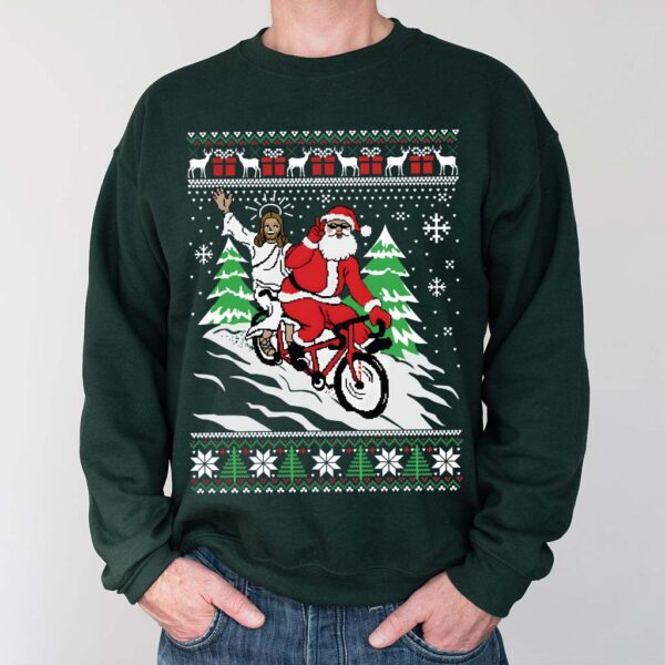 jesus and santa on a bike sweater