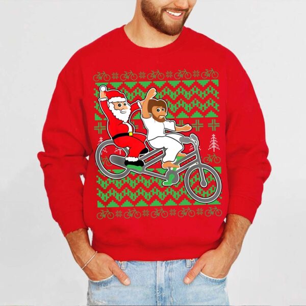 jesus and santa on bike sweater